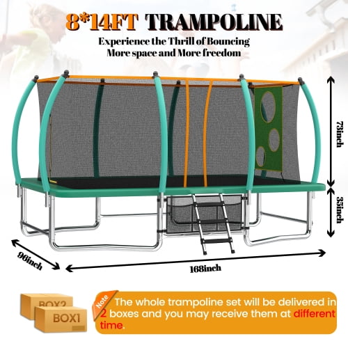8x14ft Rectangular Trampoline with Enclosure, Ladder, Double-Side Galvanized Steel Frame, Outdoor Recreational Trampolines for Kids, Adults，steel Frame with 8 Balance Bars, 440lbs Weight Capacity,
