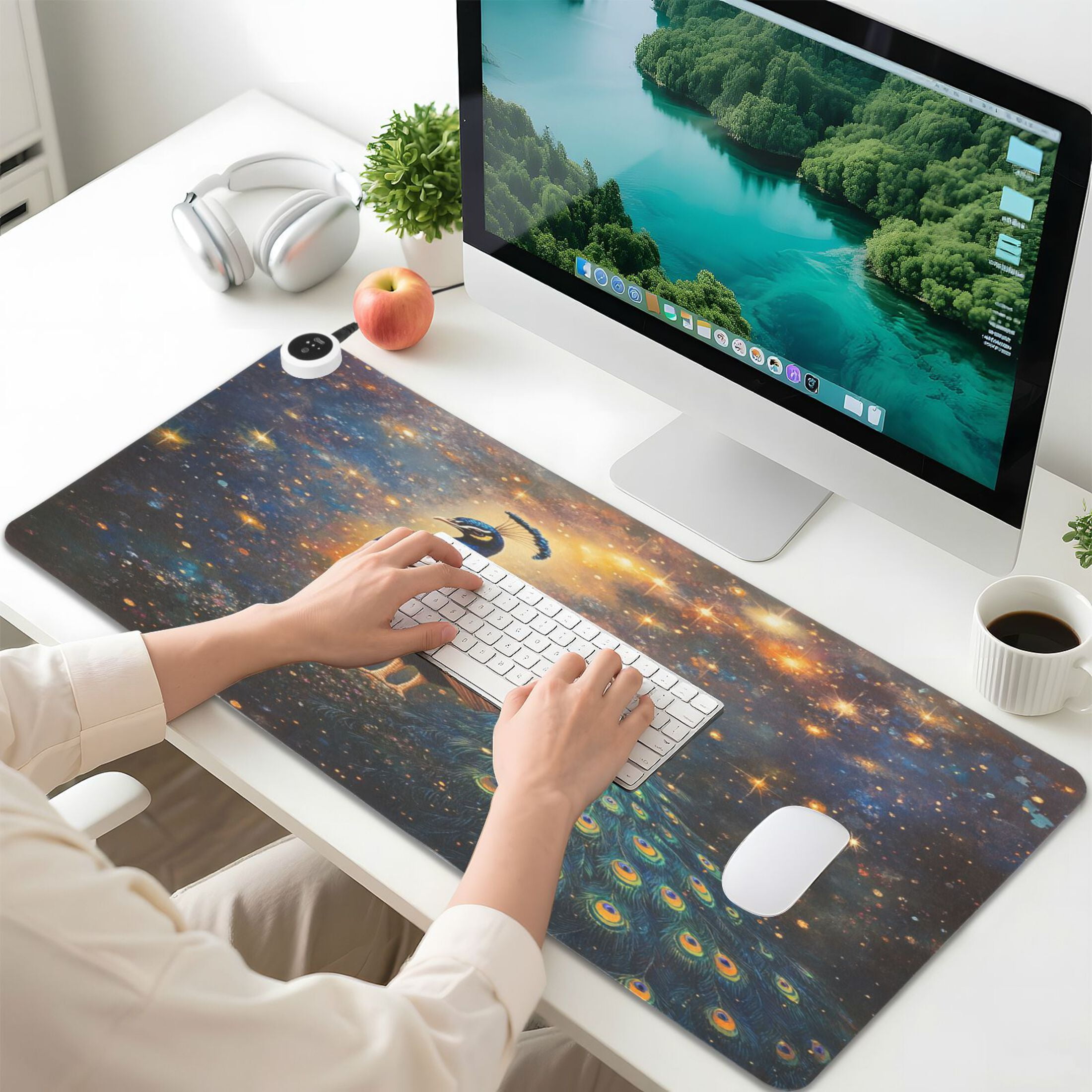 Wobogo Peacock Of Stars Heated Mouse Pad Extra-Large Desk Mat With 3 Heating Levels and 3-hour Auto Shut-Off Protection Ideal for Computer Keyboards Home Office Hand-warming Essential 31.5in × 13in
