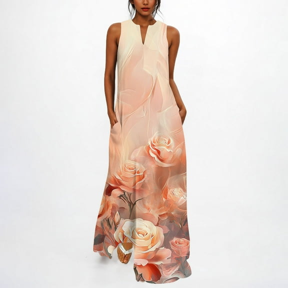 Dresses for Women Print Sleeveless V-Neck Dress Comfortable Casual Sundress Pink XL