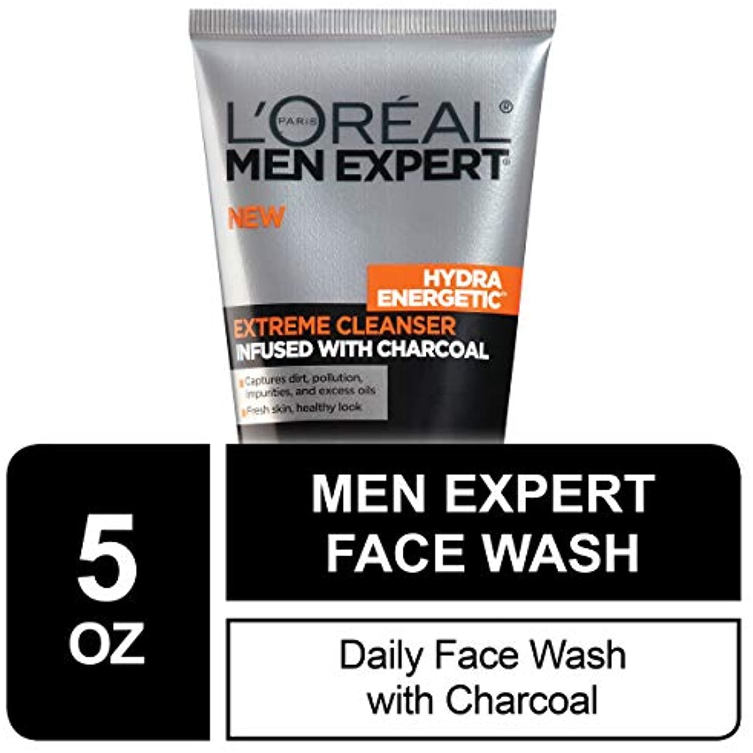 Loreal Men Expert Hydra Energetic Facial Cleanser With Charcoal For Daily Face Washing, Mens Face Wash, Beard And Skincare For Men, 5 Fl. Oz