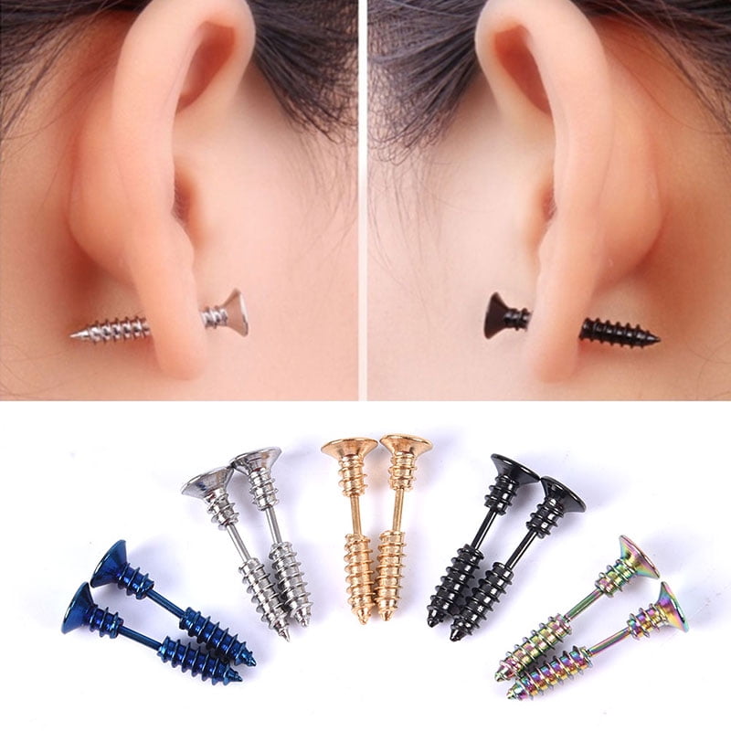 Women Men Hypoallergenic titanium Steel screw Piercing Ear Stud Earrings PAIR 