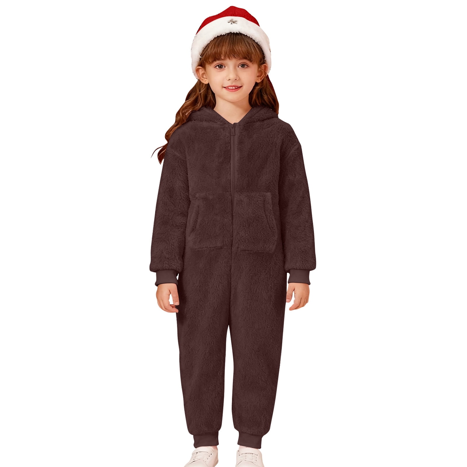 Tiweut Kids Onesie Pajamas Jumpsuit Boys Girls Warm Sherpa Lined Romper Zipper Hooded Cute Playsuit Sleepwear,Brick Red,5Y