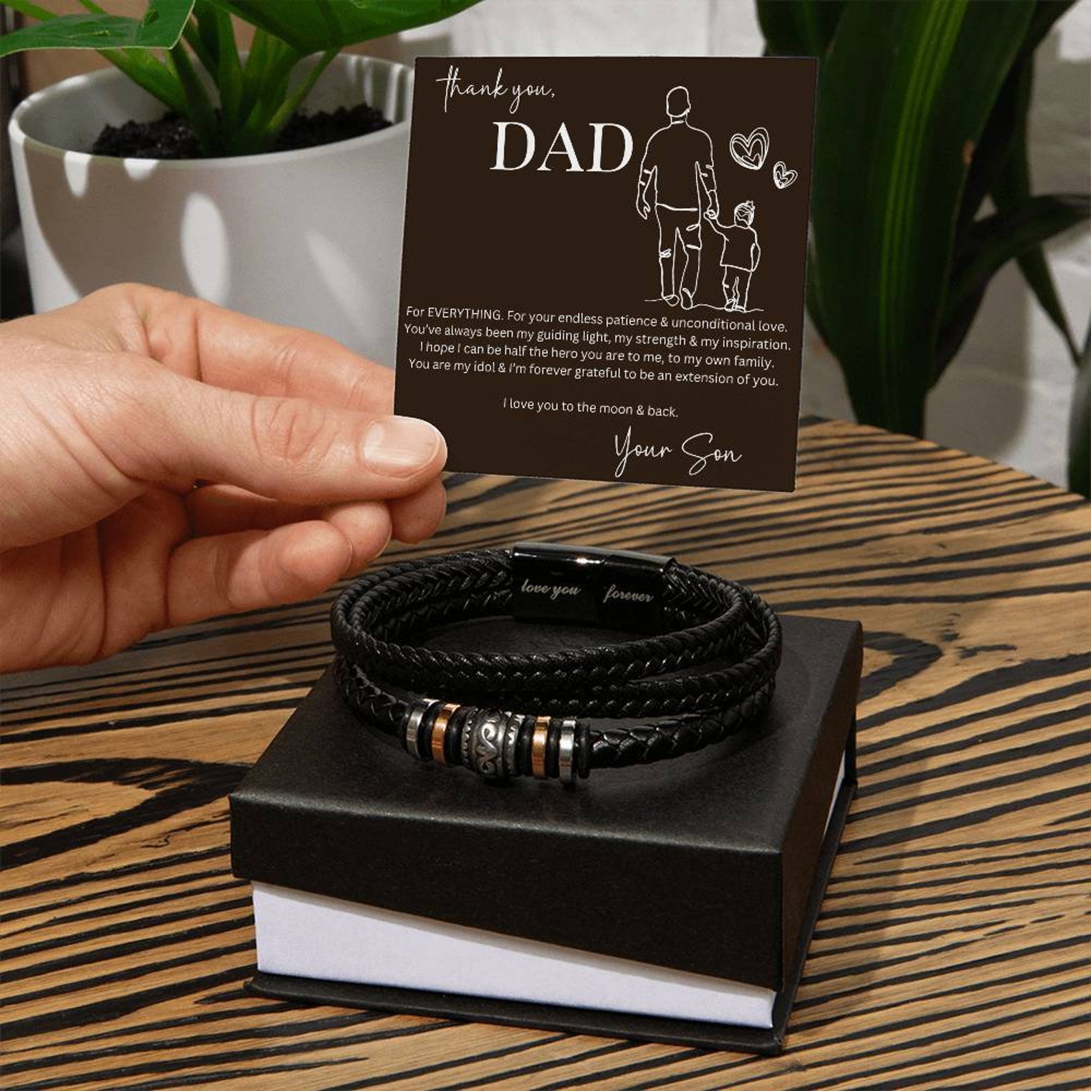 Thank You Dad Bracelet, Fathers Day Gift, I Love You Forever Bracelet, Personalized Jewelry For Dad From Son with Message Card and Gift Box, Leather Bracelet for Men