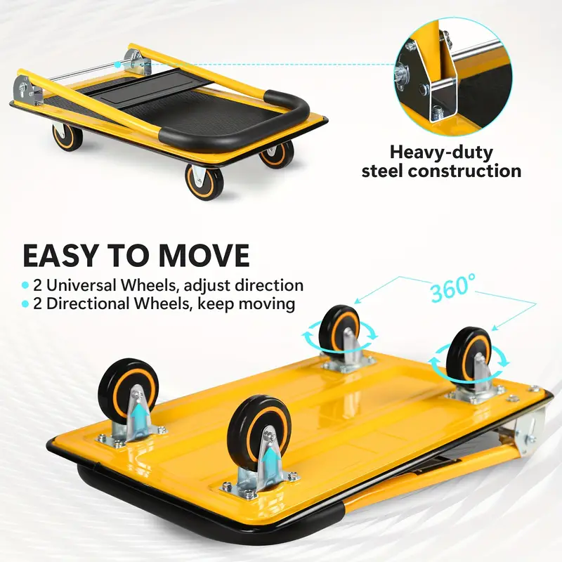 BEIMIMU Foldable Platform Truck, Push Dolly 330 LBS Weight Capacity, 360 Rolling, Folding Hand Truck for Luggage, Travel, Office, House (Yellow and Black) (28.7" x 19" x 32.5")