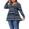 thumbnail image 4 of Blusas Vintage de Talla Grande para Mujeres Agnes Orinda, Tops Babydoll a Rayas Boho, Cuello en V, Mangas Largas, Cintura Elástica, Blusa Casual 1X Azul, 4 of 6