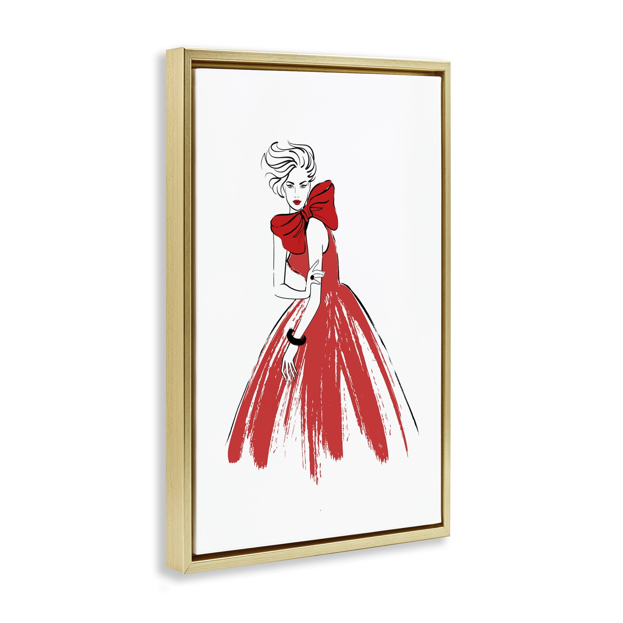 Stupell Industries Lady & Red Bow Dress Novelty Painting Gold Floater Framed Art Print Wall Art, 17 x 25
