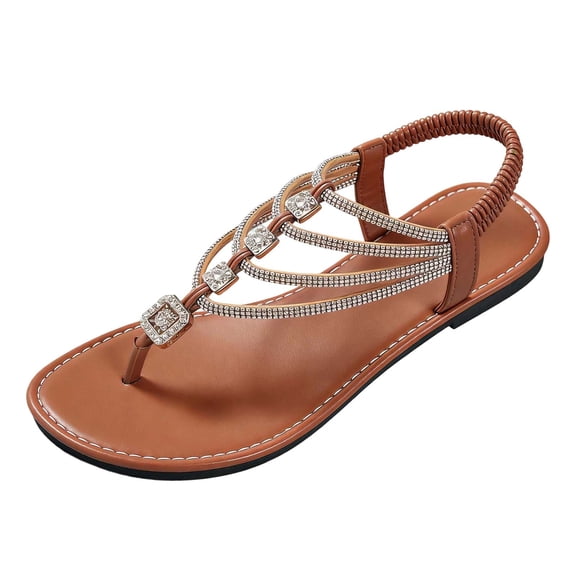 Women's Rhinestone Thong Flat Sandals Elastic Ankle Strap Bohemian Dressy Sandals for Women