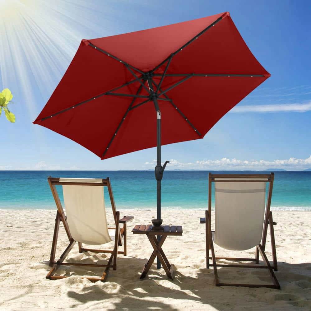 Spaco 7.5 Feet Solar Powered Patio Umbrella, Outdoor Shade with LED Lights and Crank Handle, Red