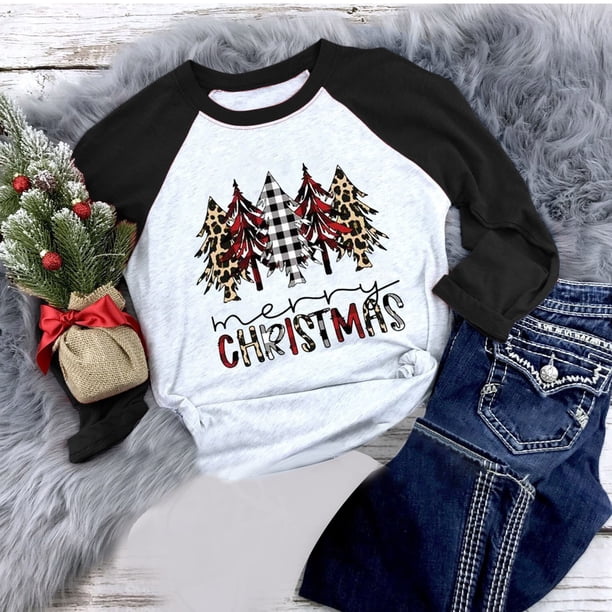 Pntutb - Camiseta de Navidad para mujer, temporada festiva, regalo para amantes, camiseta de manga larga para mujer, camiseta con costuras a juego de colores Pntutb Pntutb-3354