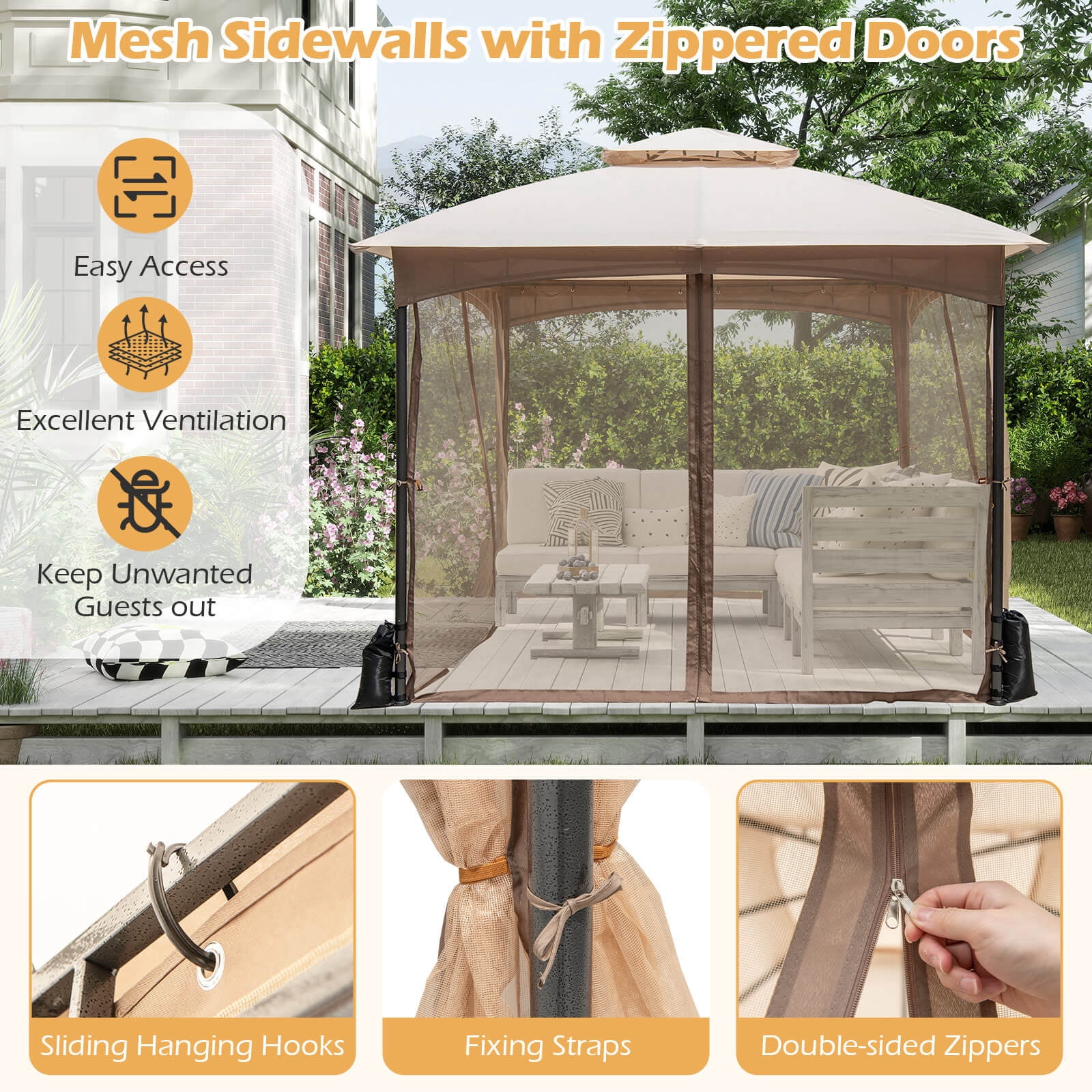 Costway 10x10 FT 2-Tier Patio Gazebo Canopy Netting Heavy-Duty Metal Easy-Setup Outdoor