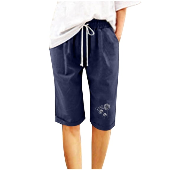 Wlynlyn Shorts for Women Cotton Linen Knee Length Casual Shorts Drawstring High Waisted Athletic Shorts with Pockets