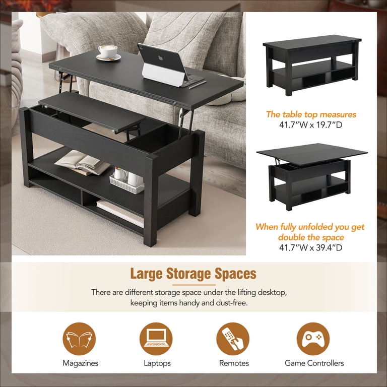 Hidden Compartment Table Lift Top Coffee Table With Storage - Black ...
