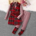 thumbnail image 2 of CUZIBR Girls Fall Outfit Plaid Suit Color Block Ribbed Knit Long Sleeve Top With Pants Casual Two Piece Tracksuit Fall Winter Girls Outfits,Pink,9-10 Years, 2 of 7