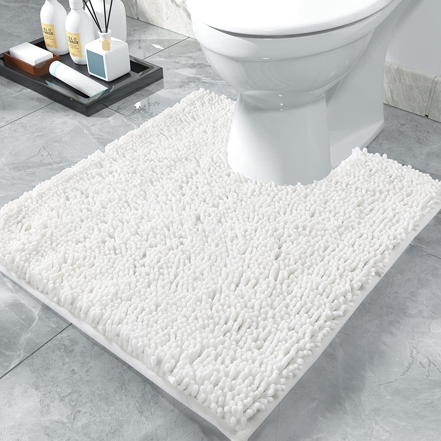 Luxury Shaggy Toilet Bath Mat U-Shaped Contour Rugs for Bathroom, 24.4 X 20.4 Inches, Soft and Comfortable, Maximum Absorbent, Dry Quickly, Non-Slip, Machine-Washable,Bright White