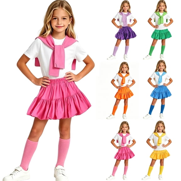 Yeaiivve Girls 4 Piece Outfits Back to School Performance & Class Photo Sets for Girls Round Neck Short Sleeve Top Bubble Skirt Shawl and Socks Blue 3-4 Years