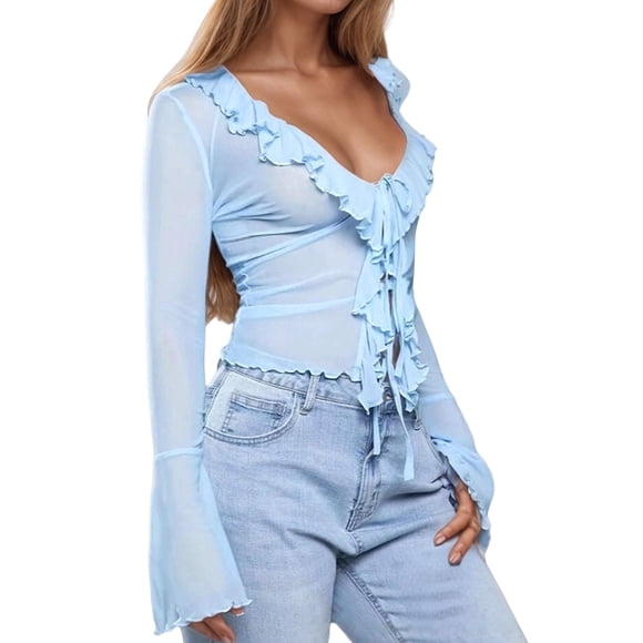 GPOECD Cardigan de Mode pour Femmes, Élégant, Col Plongeant, Bordure à Volants, Manches Longues, Haut pour Femmes pour Occasions Décontractées et Formelles, Ajout à Votre Garde-Robe BU2,TG