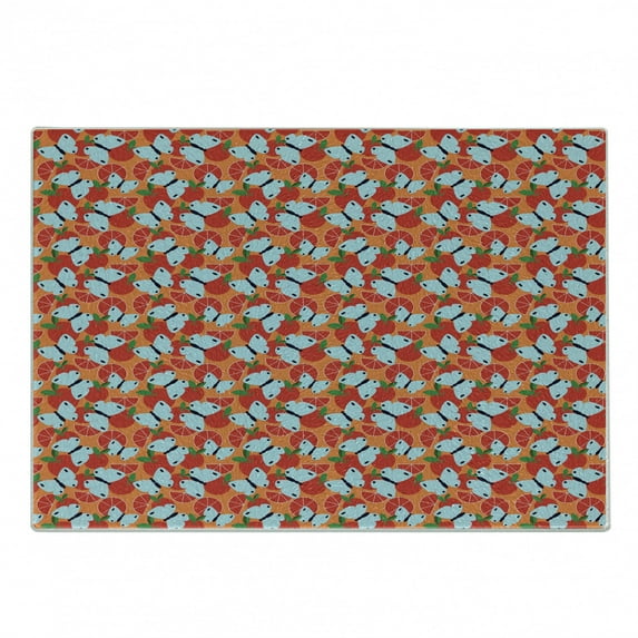 Tangerine Cutting Board, Abstract Pattern with Sliced and Whole Citrus Fruit with Butterflies, Decorative Tempered Glass Cutting and Serving Board, in 3 Sizes, by Ambesonne