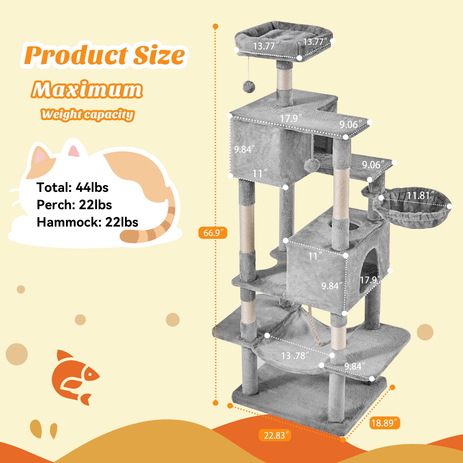 SHOUFTW 66in Cat Tree, Space-Saving Indoor Cat Tower with Large Top Perch and Hammock for Multi-Cat Households, Light Gray
