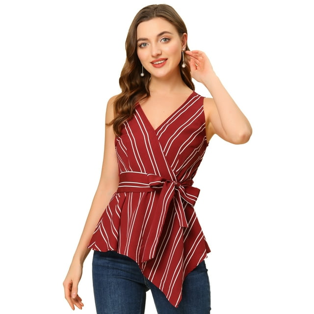 INSPIRE CHIC Top peplum envolvente con dobladillo asimétrico en la cintura con cuello en V sin mangas para mujerrojo L
