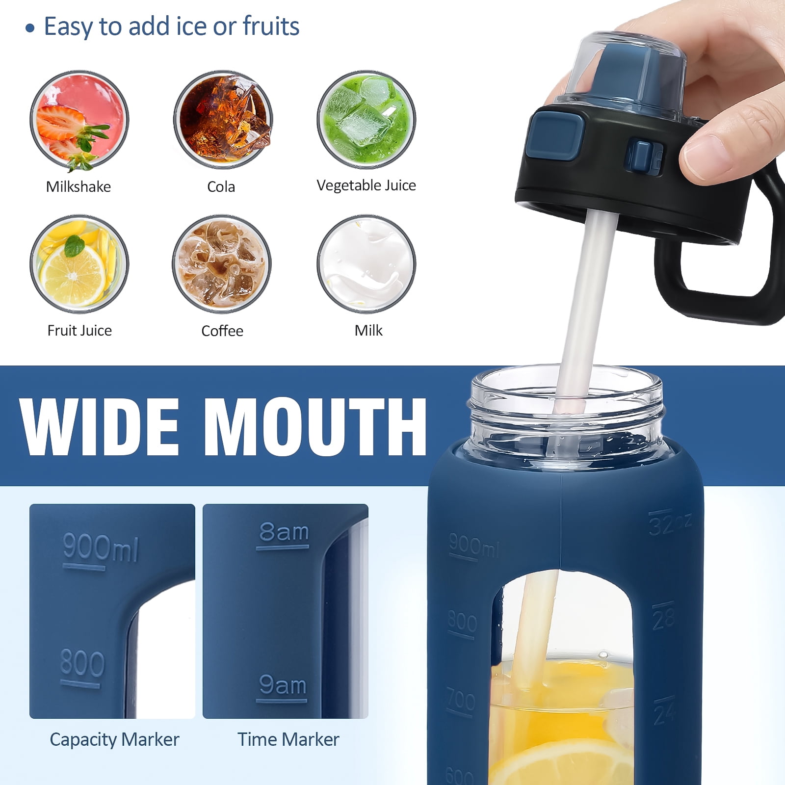 MUKOKO Water Bottle, 32oz Glass Drinking Bottle with Straw, Motivational Water Bottle with Leak Proof Locking Lid , Travel Sports Water Jug with Water Marker, Navy Blue