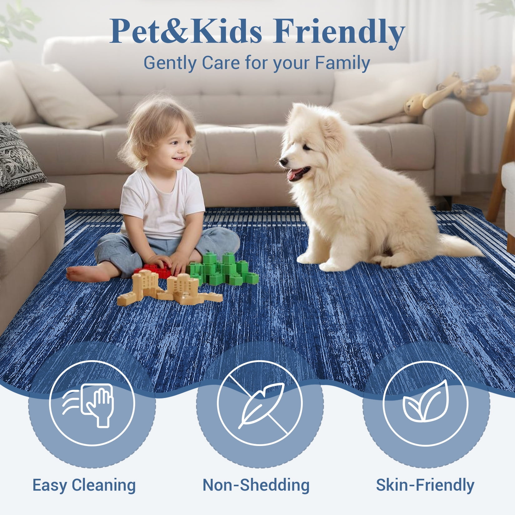 Senfot 9x12 Modern Bordered Abstract Scalloped Area Rug Non-Slip Low Pile Stain Resistant Indoor Rug for Living Room Bedroom Dining Office Navy Blue