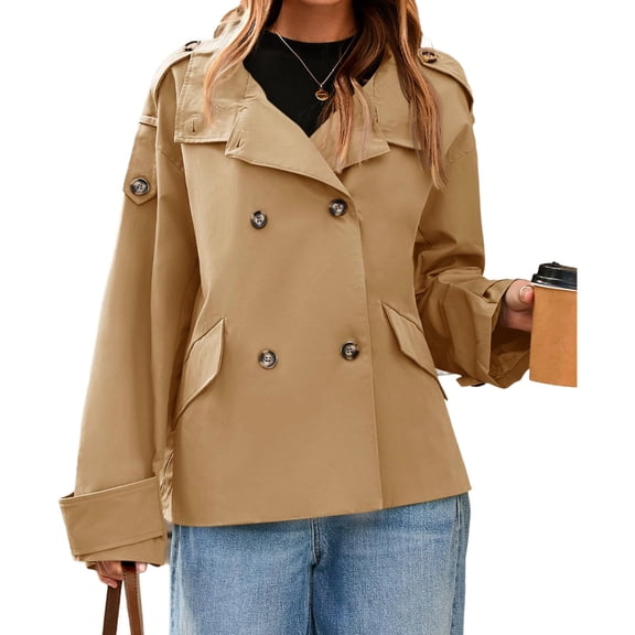 Double Breasted Women Long Sleeved Casual Trench Coat Lapel Jacket