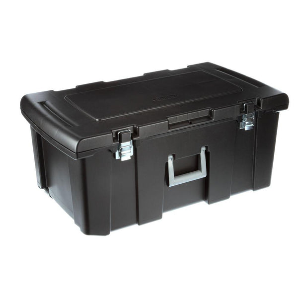 Sterilite 18429001 Footlocker Storage Box, Black w/ Titanium Handle, 92
