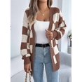 thumbnail image 4 of Women'S Autumn and Winter Contrast Color Plaid Lantern Sleeve Cardigan Sweater Mid-Length Coat Coffee Color M, 4 of 9