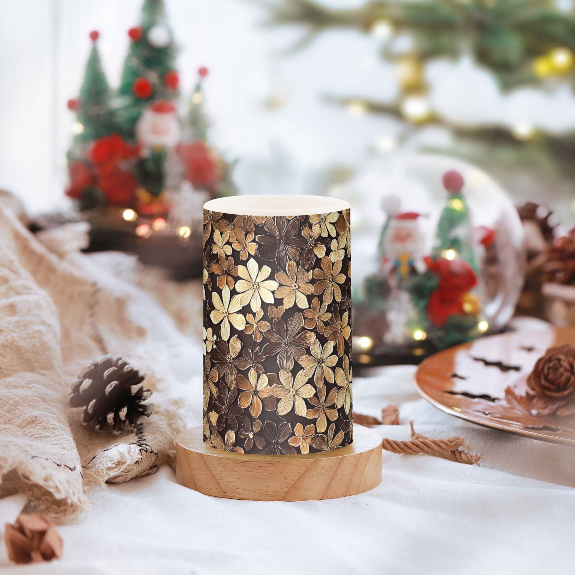 Brown Beauty Flowers Flickering Flameless Candles Battery Operated with Remote Timer LED Pillar Candles Set of 2