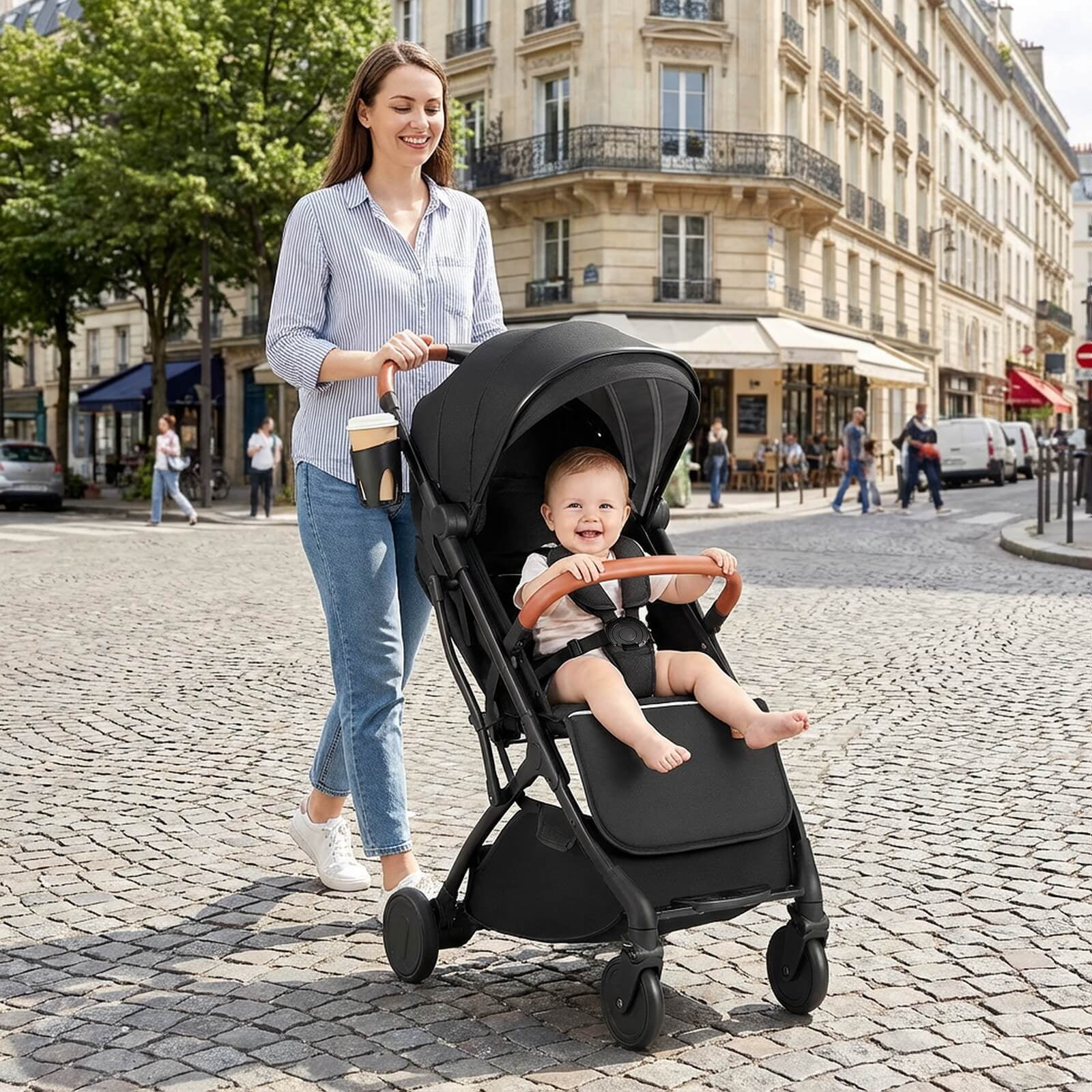 Costway Lightweight Baby Stroller with One-Hand Folding, Extendable Canopy, Storage Baske Black
