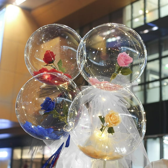 4 Packs LED Luminous Balloon Rose Bouquet Bobo Balloon, Transparent LED Clear Rose Balloons for Valentine's Day Wedding Anniversary Mother's Day Birthday Party 4 Colors 4 Colors