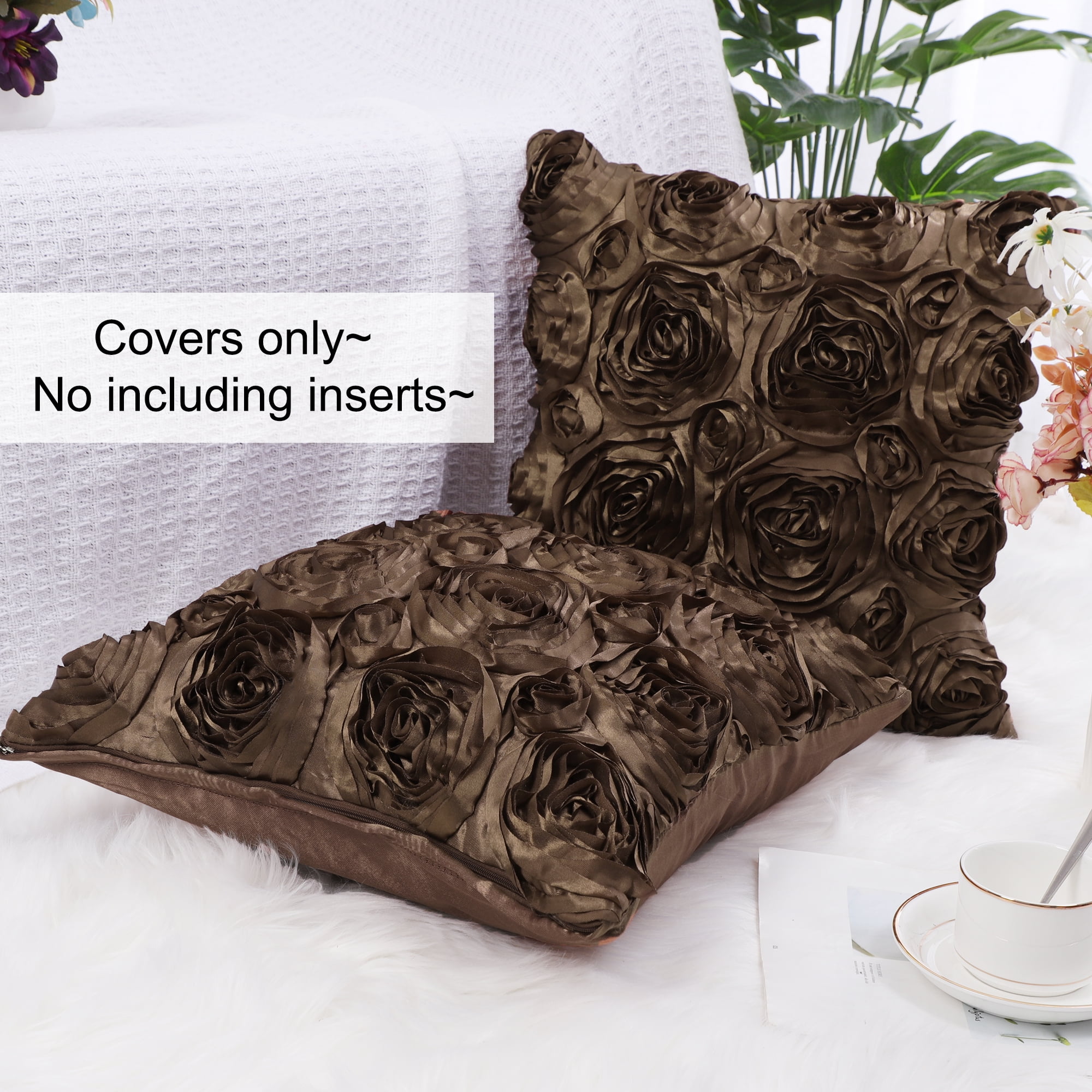 PiccoCasa Decorative Throw Pillow Covers 3D Satin Rose Flower Shells Cushion Covers, 2Pcs, 16"x16" Coffee Color