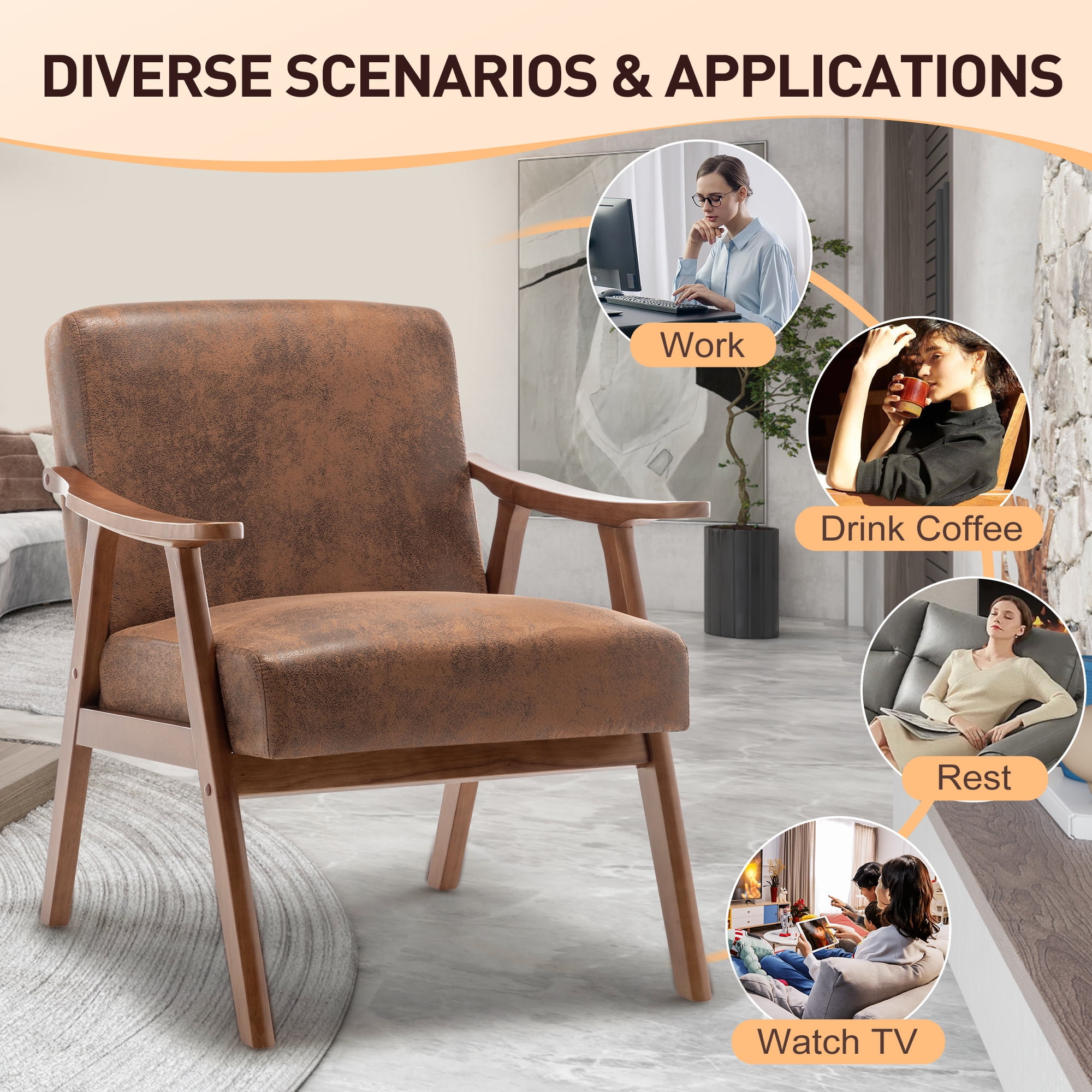 Mid-Century Modern Accent Chair, Velvet Upholstered Lounge Chair with Solid Wood Frame, Extra-Thick Backrest Wingback Chair for Living Room, Bedroom, Reading Nook