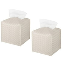 RUseeN 2 Pack Tissue Box Cover, Square PU Leather Tissue Holder, Decorative Facial Tissue Cube Paper Organizer Dispenser for Bathroom, Night Stands, Desk, Car 5X5X5'', Woven Waffle, Ivory