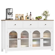 Homfa 55'' Large Sideboard Buffet Cabinet, Kitchen Storage Cabinet with 3 Drawers and 4 Glass Doors, Wood Coffee Bar Cabinet for Living Room, White