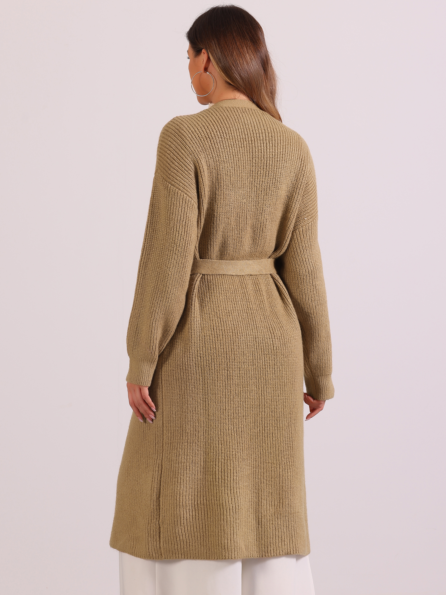 DARING DIVA Women's Long Sleeve Knitwear Sweater Coat with Belt L Khaki