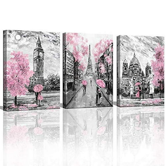 Black and White Canvas Wall Art for Living Room Bedroom Bathroom Girls Pink Paris Theme Room Decor Oil Painting Print London Big Ben Tower Eiffel Painting for Wall Decor Pink