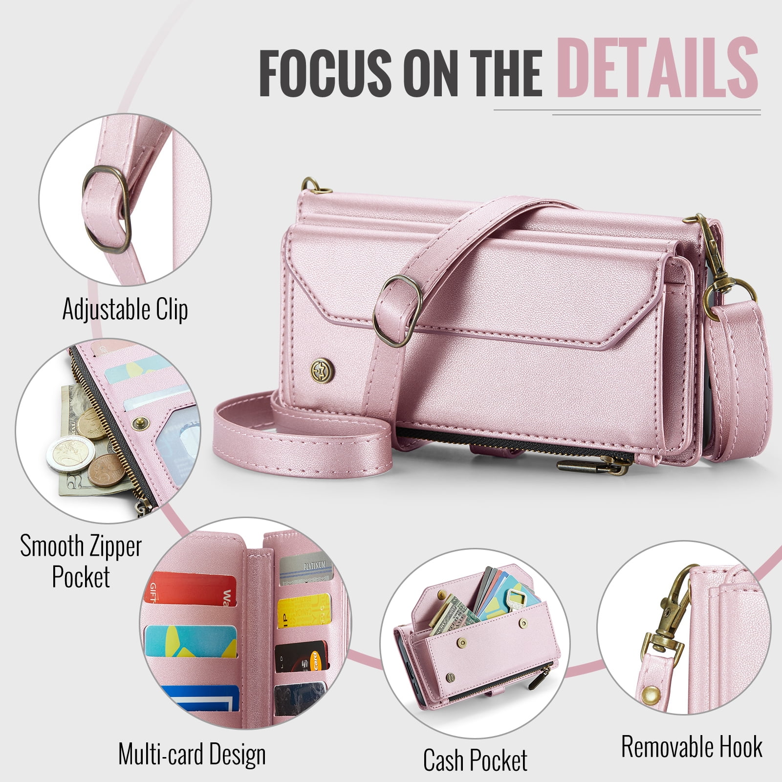 for Samsung Galaxy S25 FE Full Body Protection Wallet Folio Flip Case, Shoulder Strap & Wristlet Card Slots Zipper Pocket RFID Blocking Rugged Durable PU Leather Phone Case Cover, Pink