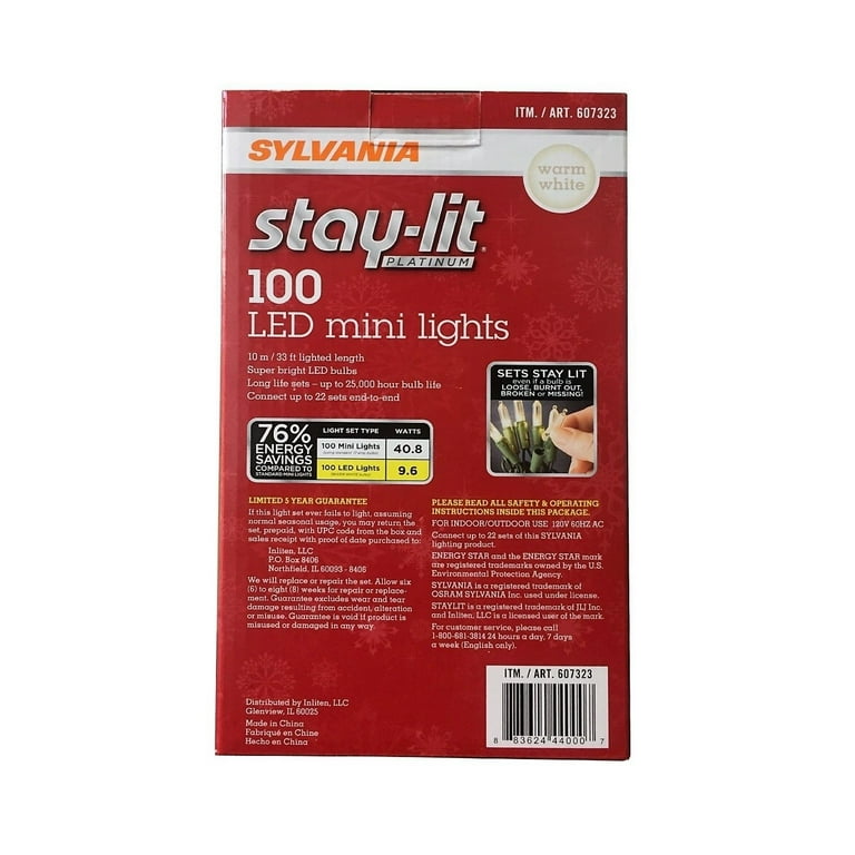 Sylvania Stay Lit Platinum LED Indoor Outdoor Christmas String