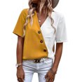 thumbnail image 1 of Camiseta De Verano Cuello En V Botón Oblicuo Bloque De Color Casual Cómodo Top De Mujer Para Ir De Compras Trabajo Amarillo M, 1 of 6