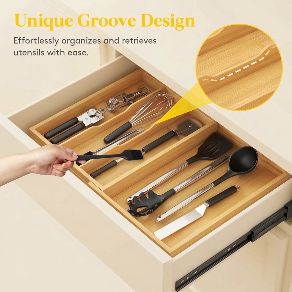 Norcho Expandable Bamboo Utensil Organizer Tray, Adjustable Cutlery and Flatware Holder for Kitchen Drawer, 11.9–21.7 x 15.75"