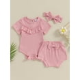 thumbnail image 2 of FEORJGP Infant Baby Girl Summer Outfits 3M 6M 12M 18M Newborn Short Sleeve Rompers Solid Color Rib Ruffles Jumpsuit Crew Neck Bodysuit and Elastic Waiddler Cute Casual 3Pcs Daily Clothes Set, 2 of 8