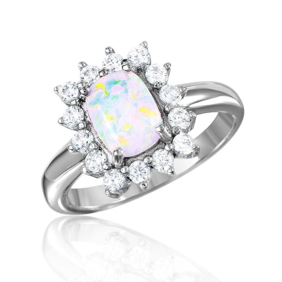 Sterling Silver 925 Rhodium Plated Halo Ring Simulated Opal Center White CZ Female Size 6