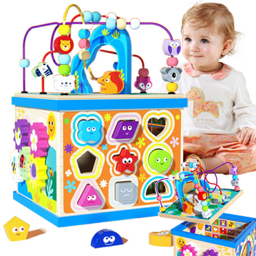 Petyoung Wooden Activity Cube,5 in 1 Montessori Toys for 1  Year Old Boys & Girls,Early Educational Toy for Toddlers,kids wooden toys with 5 Multicolor Sides and Bead Maze,Baby and Toddler Toys