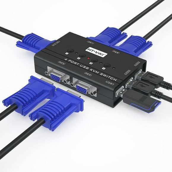 MT-ViKI 4 Ports USB VGA KVM Boîte de Commutation avec Partage de Concentrateur USB 4 Ordinateurs Commutateur Manuel pour Pc / Moniteur / Souris / Clavier