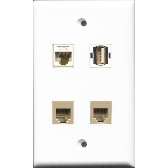 RiteAV 1 Port USB A-A 2 Port Phone RJ11 RJ12 Beige and 1 Port Cat6 Ethernet White Wall Plate