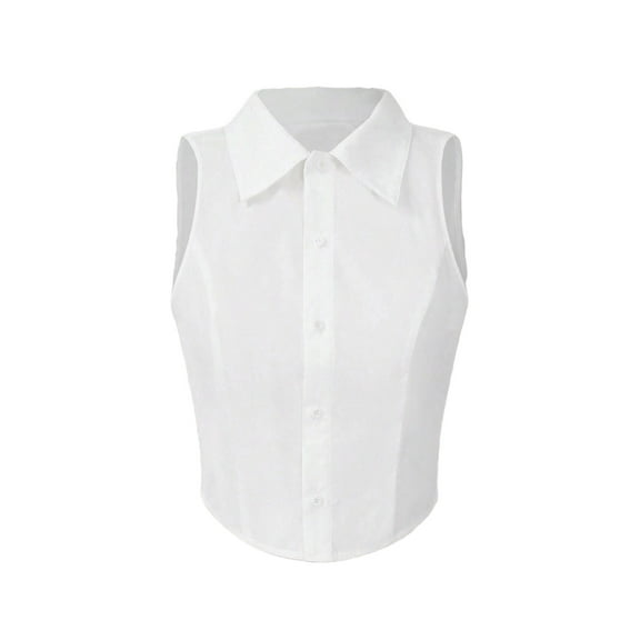 Casual Plain Shirt Collar White Sleeveless Women's Blouses XS (2)