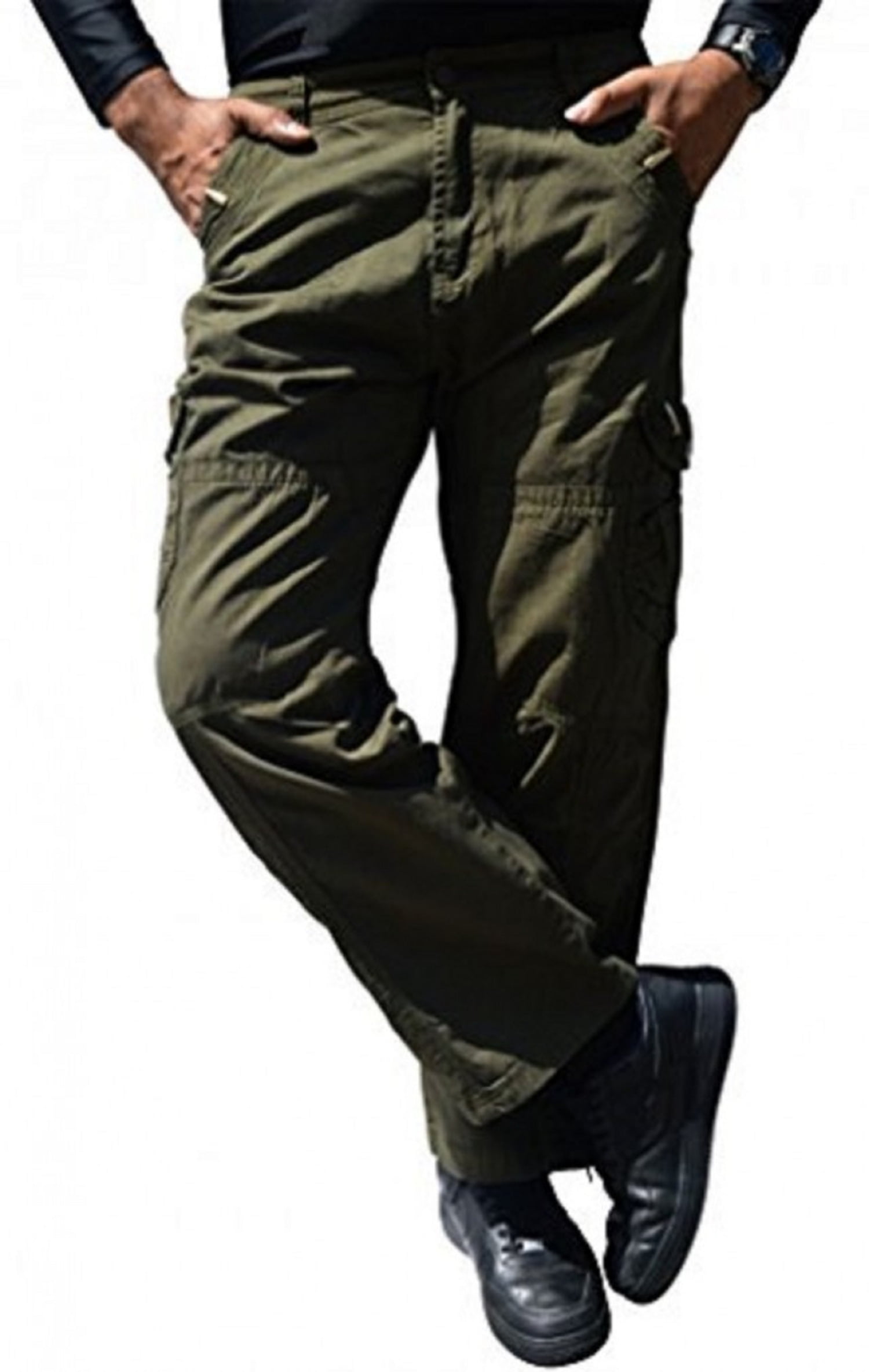 Mens Loose Cargo Pants Solid Military Army Combat Style Cotton Workwear Trousers 