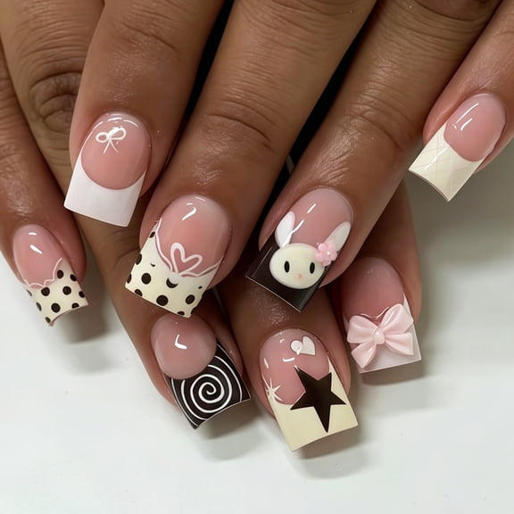 Homlyo Long Square Press on Nails Sweet Y2K Fake Nail for Women 24Pcs