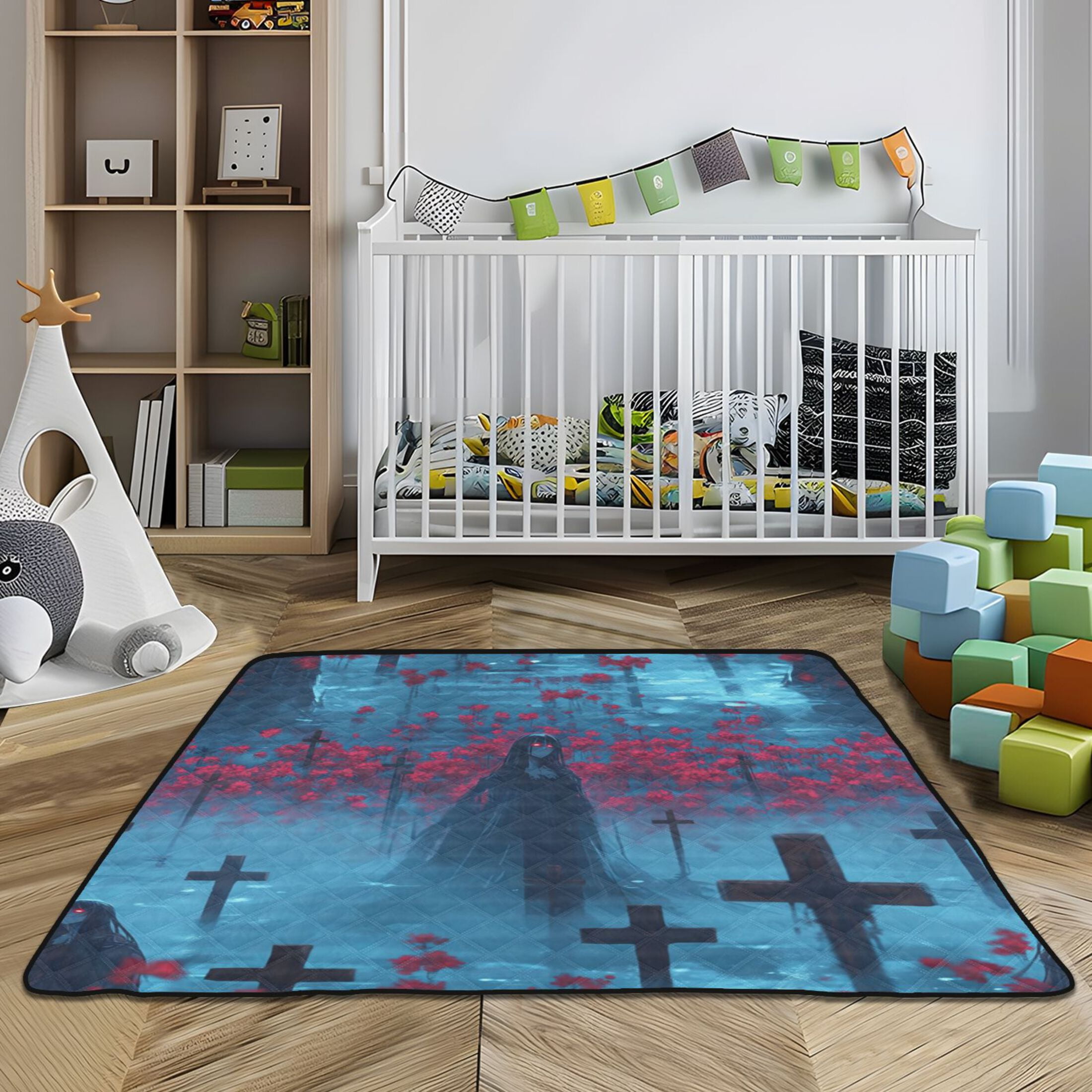 WOBOGO Black Haired Lass Baby Playmats Extra Large Waterproof Rollable Activity Pads for Toddlers 50×50inch